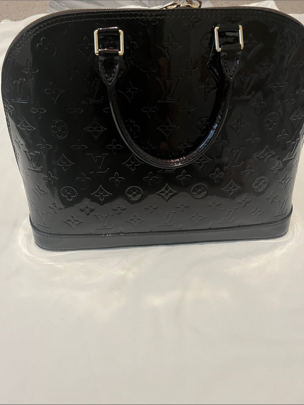 Louis Vuitton Black Vernis Alma PM Patent Satchel with Gold Hardware